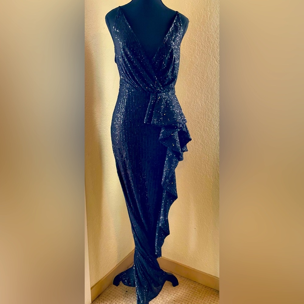 Floor length black sequence dress.